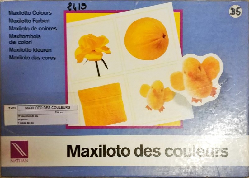 MAXILOTO DES COULEURS<br>Référence ludothèque : 2415<br>1 à 0 joueur(s) <br>Ce loto permet aux plus petits. par l'observation et par la manipulation; d'aborder simplement les couleurs. 12 planches et 36 jetons.