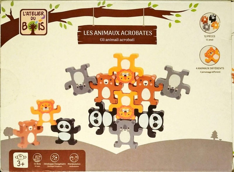 LES ANIMAUX ACROBATES<br>Référence ludothèque : 4369<br>1 à  joueur(s) <br>Jeu d équilibre en bois. 10 animaux et plusieurs configurations d assemblage possible.